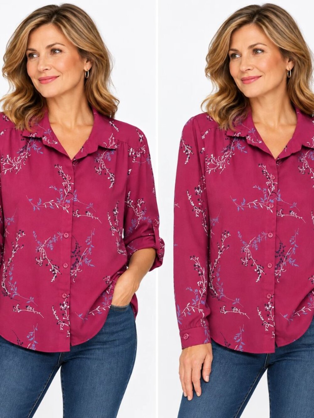 Vintage Carl Lawrence 90s Floral Blouse M Magenta Roll Tab Botanical